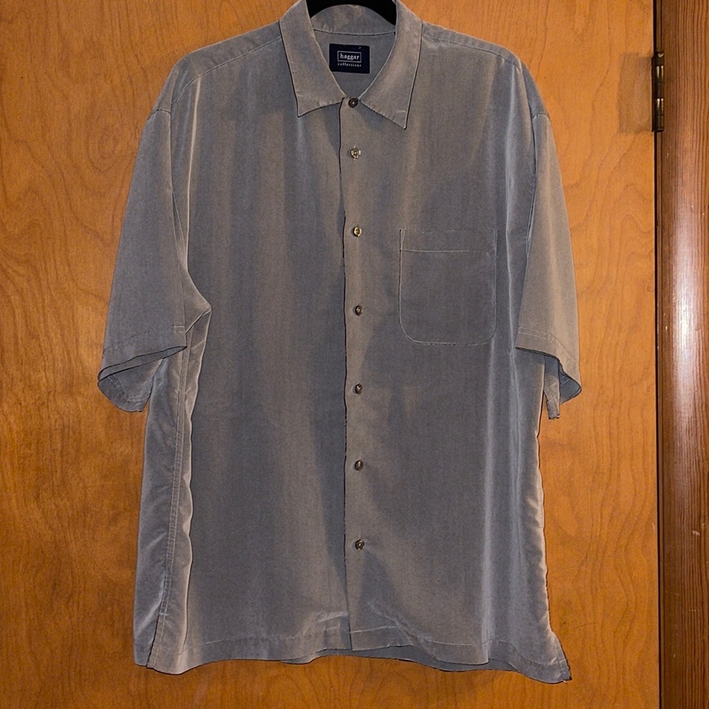 Haggar Collections Button-Up Dressy Short Sleeve Shirt, Grey, Size L